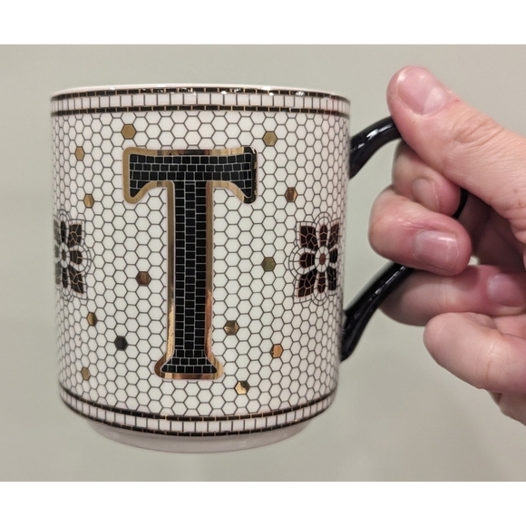 Anthropologie Margot Honeycomb Gold and Black Mosaic Monogram T Mug - Picture 1 of 8